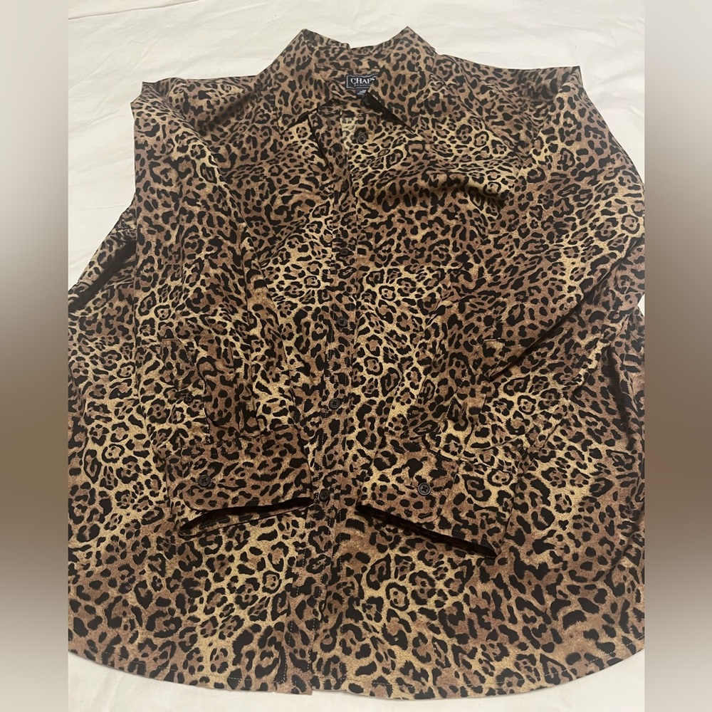 CHAPS Plus Women’s Black & Brown Cotton Animal Print BD LS Shirt Size 1X - Picture 10 of 11